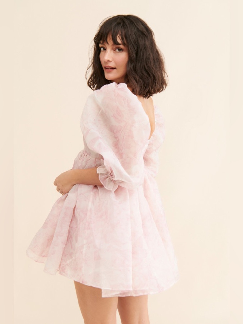 Selkie Puff Sleeve Pink White Floral Organza Babydoll Fairy Mini Dress M